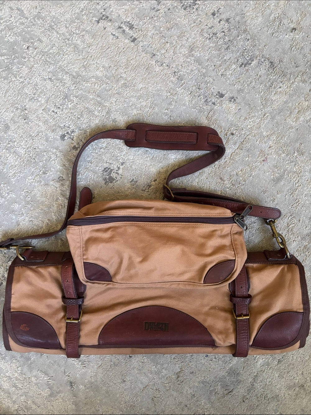 Leather-Trim Tan Canvas messenger Duffel Bag with Shoulder Strap